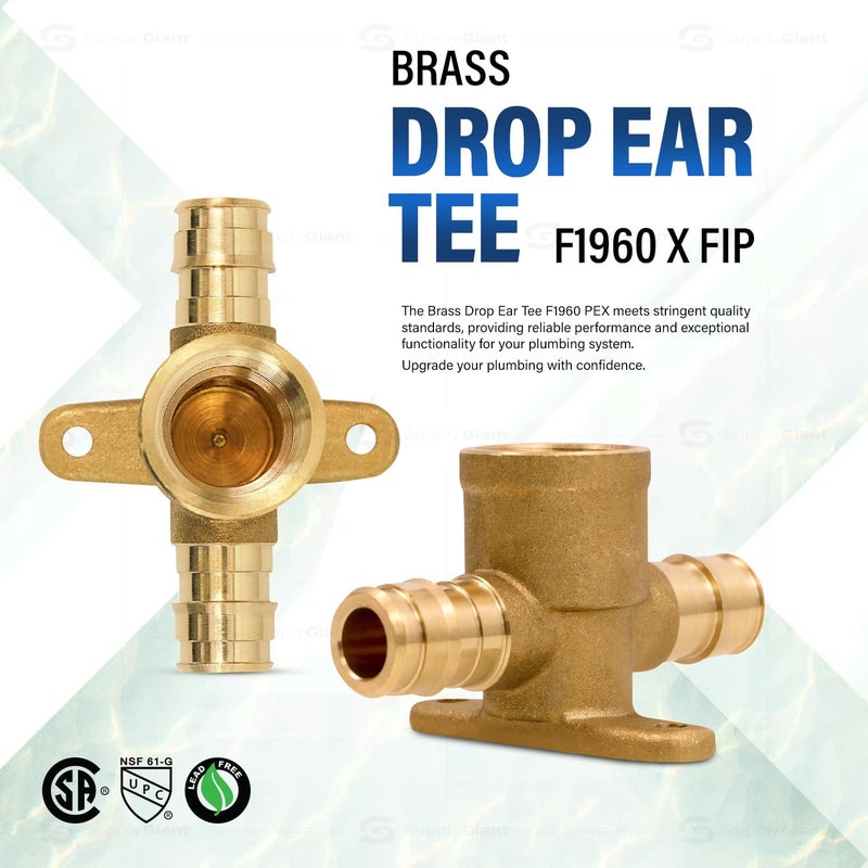 Supply Giant 3/4 Inch x 3/4 Inch Pex-A x 3/4" Female NPT Drop Ear Tee, Brass Expansion Tee Fitting, F1960 Brass Lead-Free Tee with Drop-Ear No Lead Brass, For Use in Pex-A-Tubing Connection - Image 2